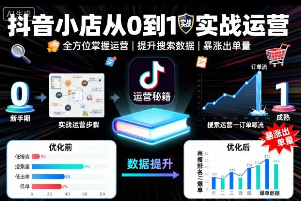 抖音小店從0到1實(shí)戰(zhàn)運(yùn)營，幫你全方位掌握小店運(yùn)營，提升搜索數(shù)據(jù)與出單量