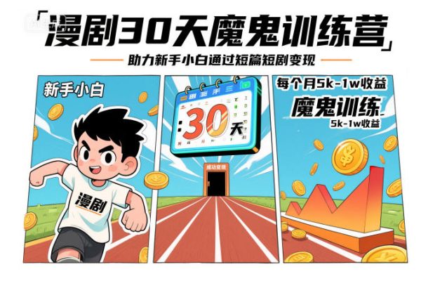 漫劇30天魔鬼訓練營，助力新手小白通過短篇短劇變現，每個月5k